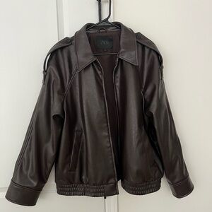 ZARA | Faux Leather Bomber Jacket - Chocolate